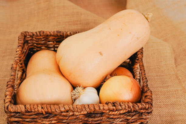 Butternut squash, galic, and onion in a basket, close-up on a rustic background, copy space