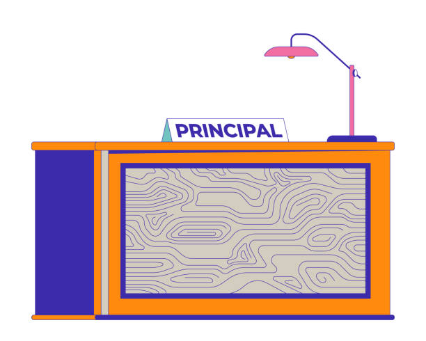 School principal desk 2D cartoon object School principal desk 2D cartoon object. Workplace of education facility manager isolated flat vector element white background. Office table with lamp and nameplate color spot illustration name plate designs drawing stock illustrations