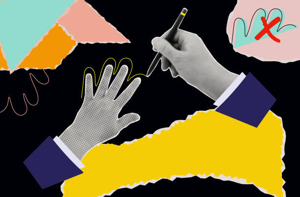 istock Art pen. Continuous line of hand contour. A woman's hand holds a pen and draws a thin line around the outline. Contemporary collage art, halftone style. Torn paper samples. Outlining the hand. Vector. 2168901066