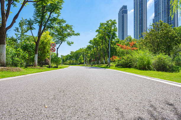 istock Curved asphalt road through the green city park 2168908045