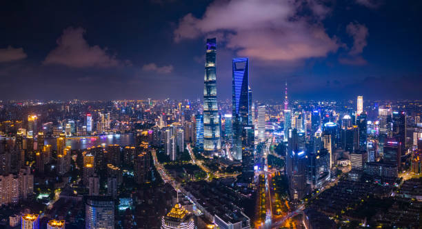 istock Panoramic Aerial view of Shanghai skyline at night 2168915083