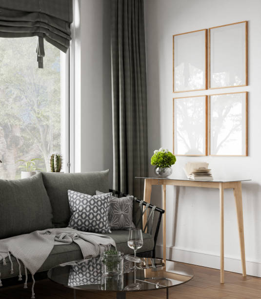 istock Mockup frame set, wood poster empty sunlight reflection, in home design, Homey interior design element cozy mockup, 3d render 2168918066