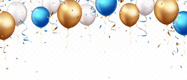 celebration banner with gold confetti and balloons - balon na ogrzane powietrze stock illustrations