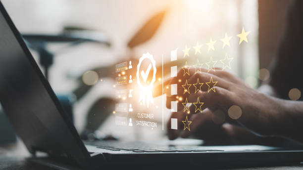 istock Customer review satisfaction feedback survey concept, User give rating to service experience on online application, 5-star satisfaction, customer evaluation product service quality, good quality most. 2168936257
