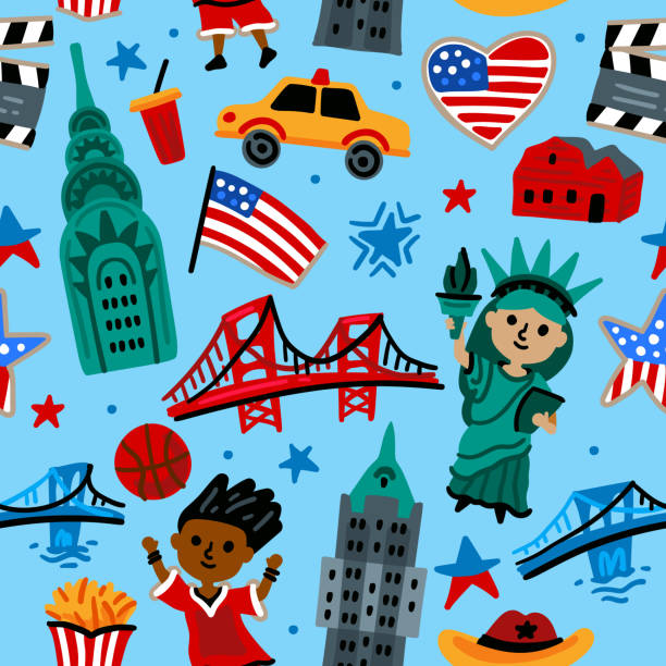 Bright cheerful children seamless vector pattern with symbols of USA. Bright cheerful children seamless vector pattern with symbols of the United States of America. July 4. Statue of liberty, basketball player, Golden Gate, sequoia. USA landmarks. Childish background girl with cowboy hat stock illustrations
