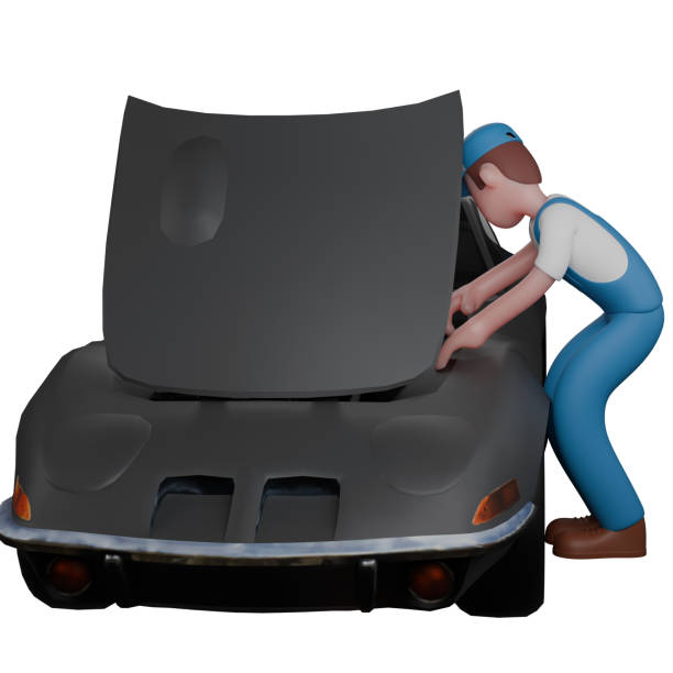 istock Male Technical Mechanic 3D. A mechanic is squatting while repairing a car. Professional Illustration 2168950126