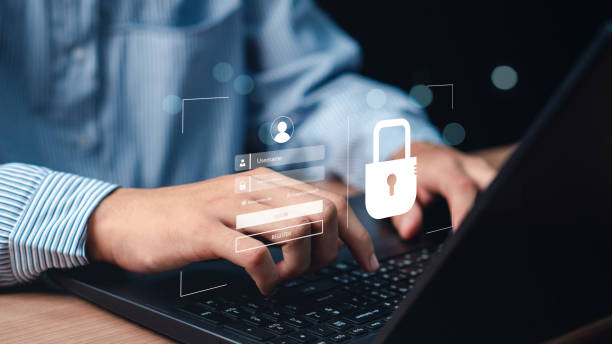 istock Cybersecurity and privacy concepts to protect data. Lock icon and internet network security technology. Businessmen protecting personal data on laptops and virtual interfaces. secure Internet access 2168958844