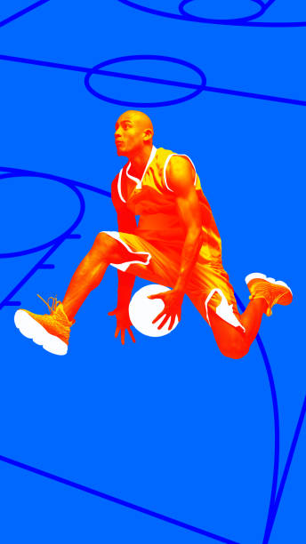 Basketball player performing impressive mid-air move, jumping with ball against bright blue court background. Modern pop art style. Contemporary art. Concept of sport, competition, games, tournament