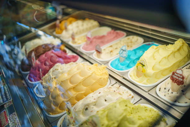istock Ice Cream trays at the shop display window. 2168961278