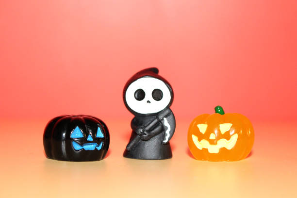 A captivating Halloween illustration showcasing pumpkins, a grim reaper, skulls, ghosts, and somber signs, all set against a moody red and Orange background.