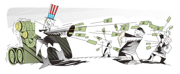 US China economic war Vector Uncle Sam throws money at the Chinese with a machine gun tariff stock illustrations