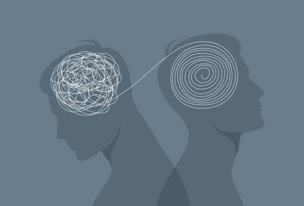 istock Male silhouettes back to back with tangled and untangled balls in their heads. Flat vector illustration 2168967084