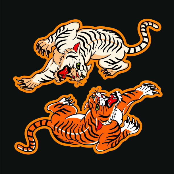 Hand drawn illustration of traditional tiger tattoo, isolated background , simple vector design, tattoo design