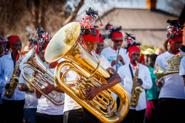 The Brass band dressed in recycled headwear and playing their instruments along the route.  The parade and various art performances were held to promote and celebrate recycling towards saving the environment for future generations.