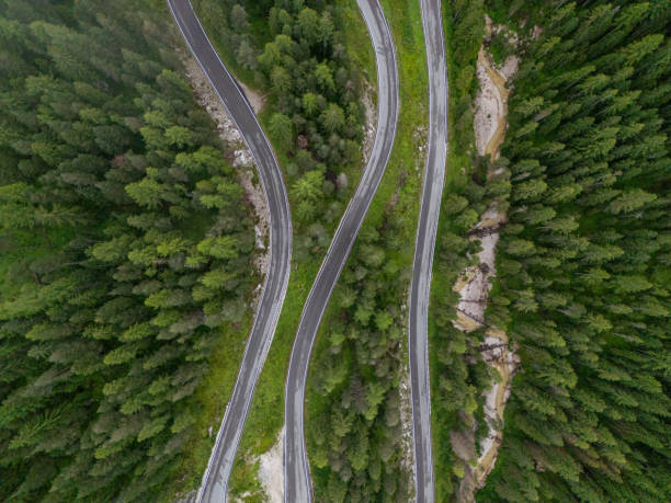 istock Curving Mountain Road Through Lush Forest Aerial View 2168971684