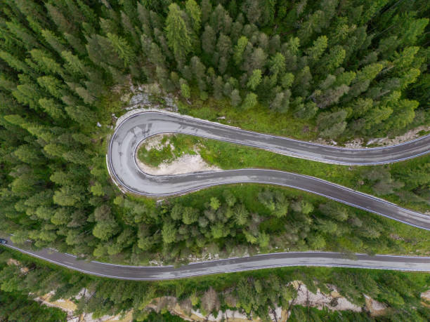 istock Aerial View of Serpentine Road Through Dense Forest 2168971974
