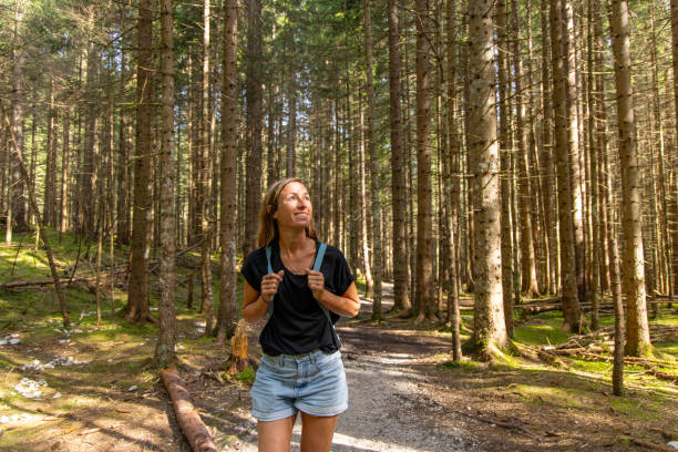 A woman with a backpack hikes along a forest path surrounded by tall trees, enjoying the sunlight filtering through the branches in a peaceful woodland setting.
