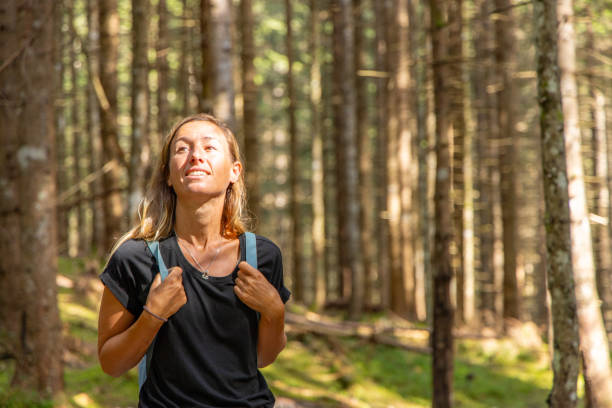 istock Woman Hiking Through Tall Trees in Sunlit Forest 2168975648