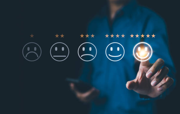 istock Customer review satisfaction feedback survey concept. Five-star rating on virtual feedback interface, excellent customer satisfaction. emoticons different levels of feedback, customer experience, 2168979983
