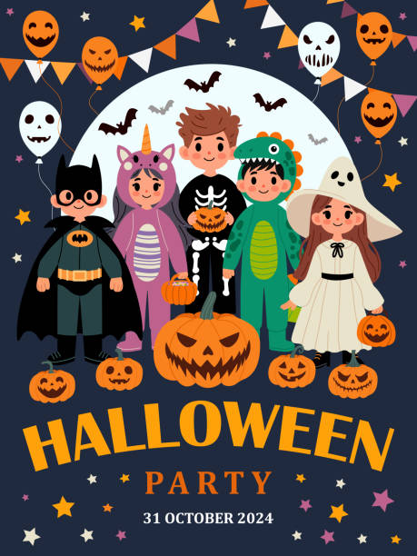 veselý halloween, trick and treat design karet s dětmi v kostýmech kostlivce, čarodějnice, dinosaurus, duch. - halloweenské koledování stock ilustrace