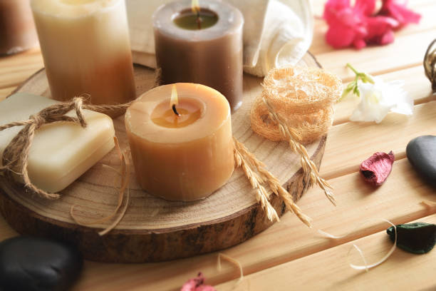 istock Body and mind wellness with products on wooden table 2168983892