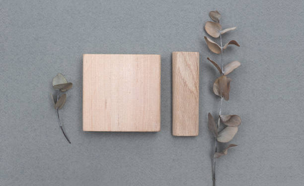 istock Empty  Blank texture canvas paper card, wood board and eucalyptus leaf branch with copy space for your text message. Minimalism style template background. Flat lay, top view. 2168991059