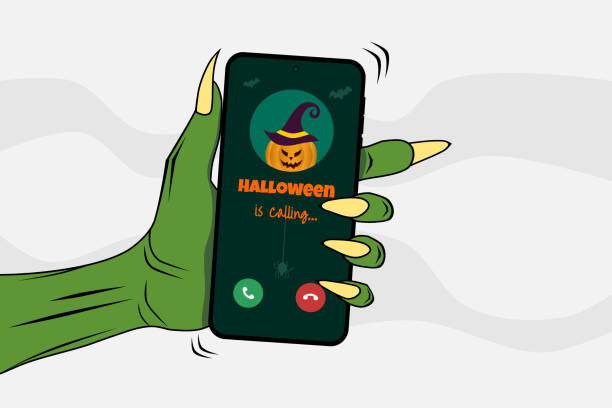 istock Green zombie hand holding a smartphone with call from Halloween pumpkin on the screen. Vector illustration. 2168995820