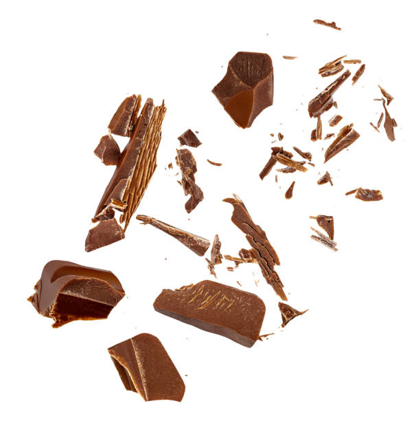 istock  Levitating milk chocolate chunks isolated on white background. Broken chocolate bar pieces and cocoa crumbs explotion. Chocolate collection with flakes, chips. Top view. Flat lay. 2168997161