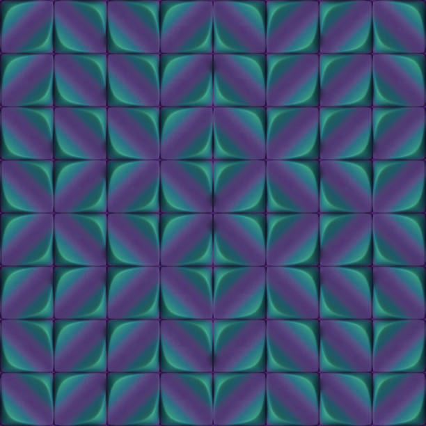 Digital illustration of a symmetrical purple and green pattern composed of interlocking wave shapes. Contemporary style. 3d rendering
