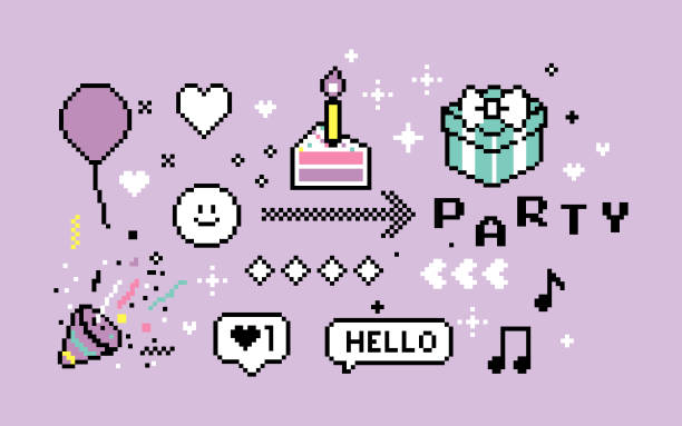 Pixel art party concept Pixel art party concept. Birthday cake, candle, present, ballon, holiday, confetti. Y2k trendy playful pixelated stickers, tags, stamps. Mood of 90's aesthetics. 8-bit retro style vector illustration good job emoji stock illustrations