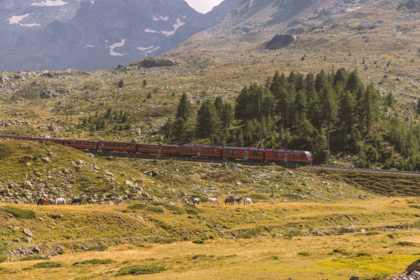 istock Red Train Traversing a Mountainous Landscape with Grazing Horses 2169004356