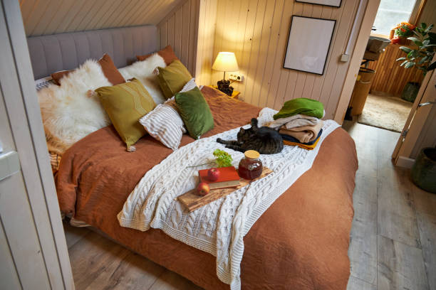istock Modern bedroom interior, double bed with beige linen bedspread and colorful pillows 2169010357