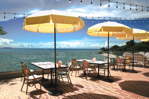 istock Yellow umbrellas beach front cafe in Thailand. 2169011377