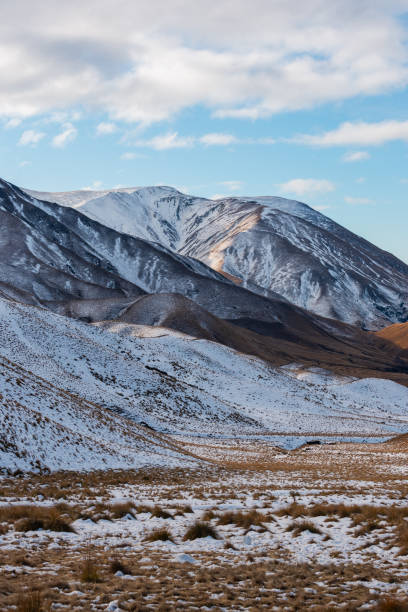 Snowy mountain layers at Lindis Pass, New Zealand.