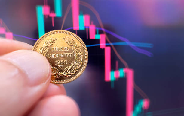 istock Human hand holding Turkish Gold coins on finance chart background 2169022690