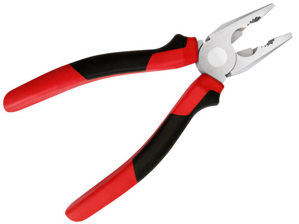 Studio shot of heavy duty carbon steel 200mm Combination Pliers with induction hardened jaws 50 - 55 HRC and ergonomic red and black smooth non slip plastic coated handles, isolated on white background, high angle view, high resolution stock image.