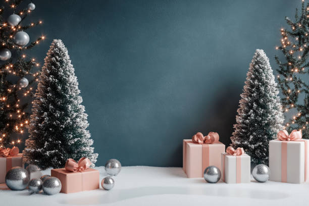 Christmas themed background with presents and snow covered trees