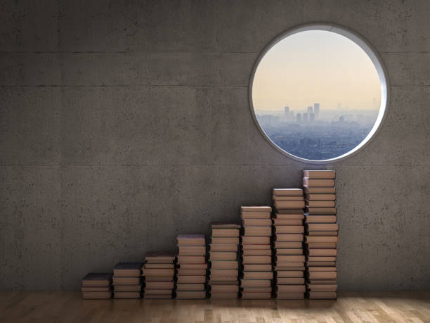 Stack of books ascending staircase  circular window revealing city view. 3d