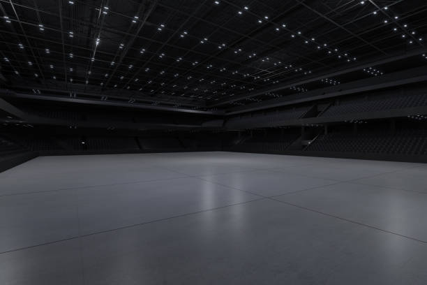 istock Empty Indoor stadium centre.The backdrop for sports, booth,exhibition,trade show.Conversation for activity,meeting.Arena for entertainment,event,Concert.Indoor for Soccer,football,showroom.3d render. 2169045749