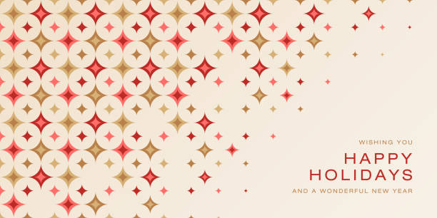 Retro style seamless Christmas pattern with Happy Holidays text. Red and gold abstract stars repeat on beige background. Mid-Century style pattern.