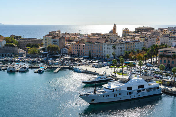 Ajaccio, Corsica - October 11, 2019: Aerial view of bustling marina with luxury yachts.