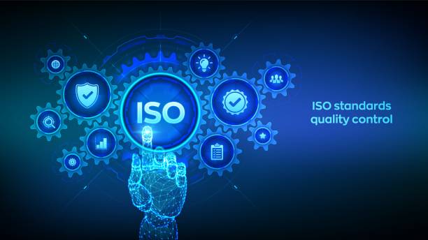 istock ISO standards quality control, assurance warranty business technology concept on virtual screen. Wireframe hand touching digital interface with connected gears cogs and icons. Vector illustration. 2169054434