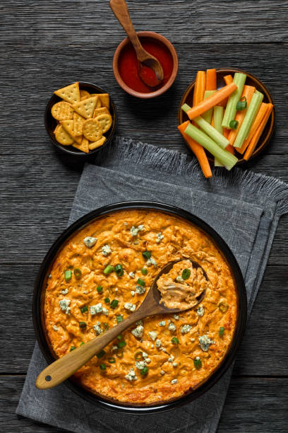 hot buffalo chicken dip in baking dish, top view