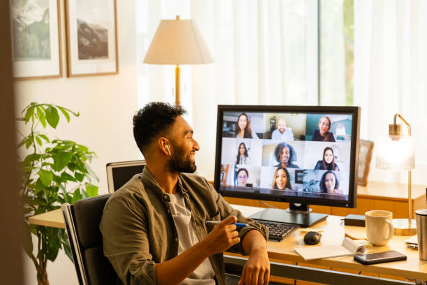 istock Male design professional brainstorms with virtual team 2169088368
