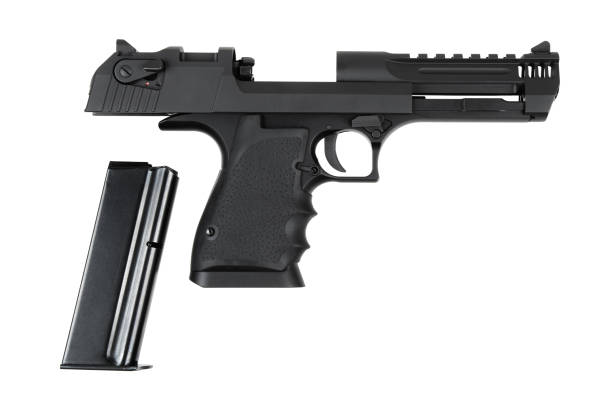 istock Powerful large caliber pistol. Black pistol 50 caliber with black grip. Isolate on white background. 2169090450