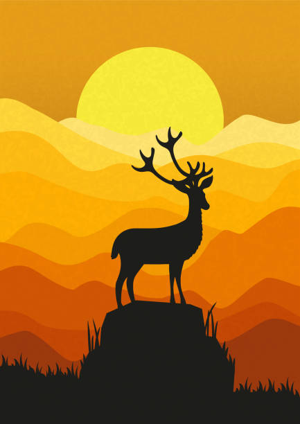istock Silhouette of deer standing on the cliff in the dusk. Magical misty landscape, sunset gradient illustration 2169090906