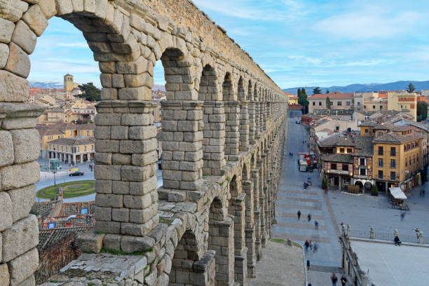 daytime view of the roman aqueduct and plaza del Azoguejo (Segovia, Spain).