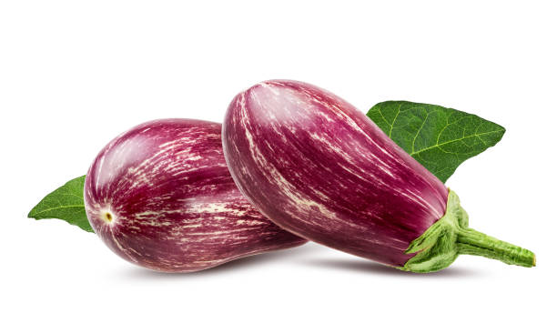 istock Eggplants with leaves isolated on white background 2169092497