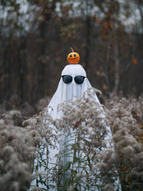 istock The ghost of a sheet with a small pumpkin on its head 2169100959