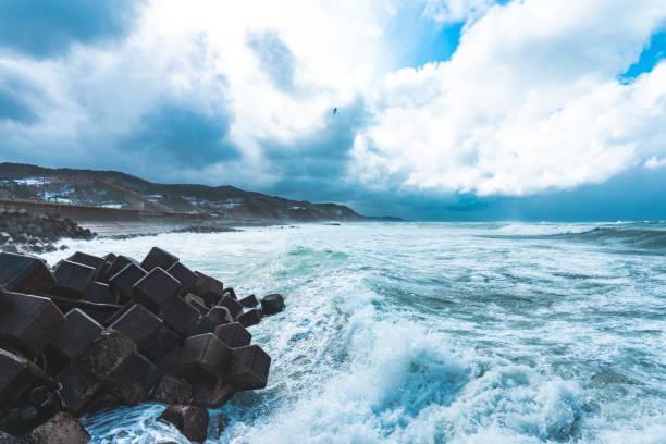 View of stormy ocean water fronts with waves